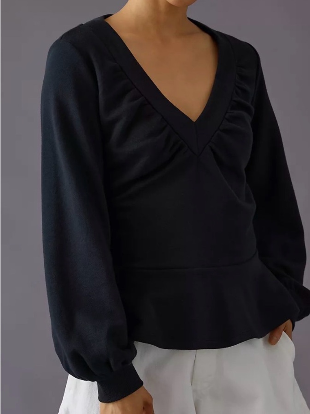 Maeve Black V-Neck Puff Sleeve Peplum Sweatshirt
